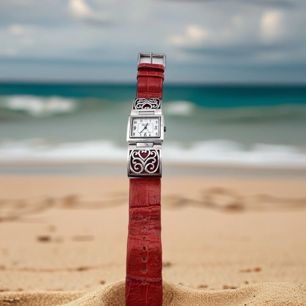 Brighton Terrassa Women's Watch with a red leather band. New Battery Installed